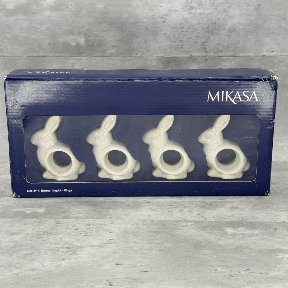 Mikasa White Ceramic Figural Bunny Rabbit Napkin Rings Set Of 4 Approx 3.5x2in